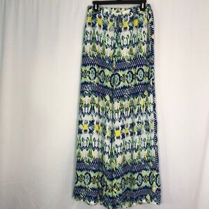 BEBE WOMEN BOHEMIAN Wide Leg Drawstring Waist Blue/ White/ Yellow pant Size M